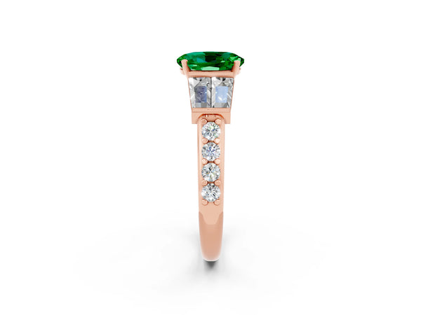 Rose gold Oval Cut Emerald Engagement Ring with Baguette Side Stones and Channel Set Band