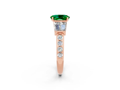 Rose gold Oval Cut Emerald Engagement Ring with Baguette Side Stones and Channel Set Band_2
