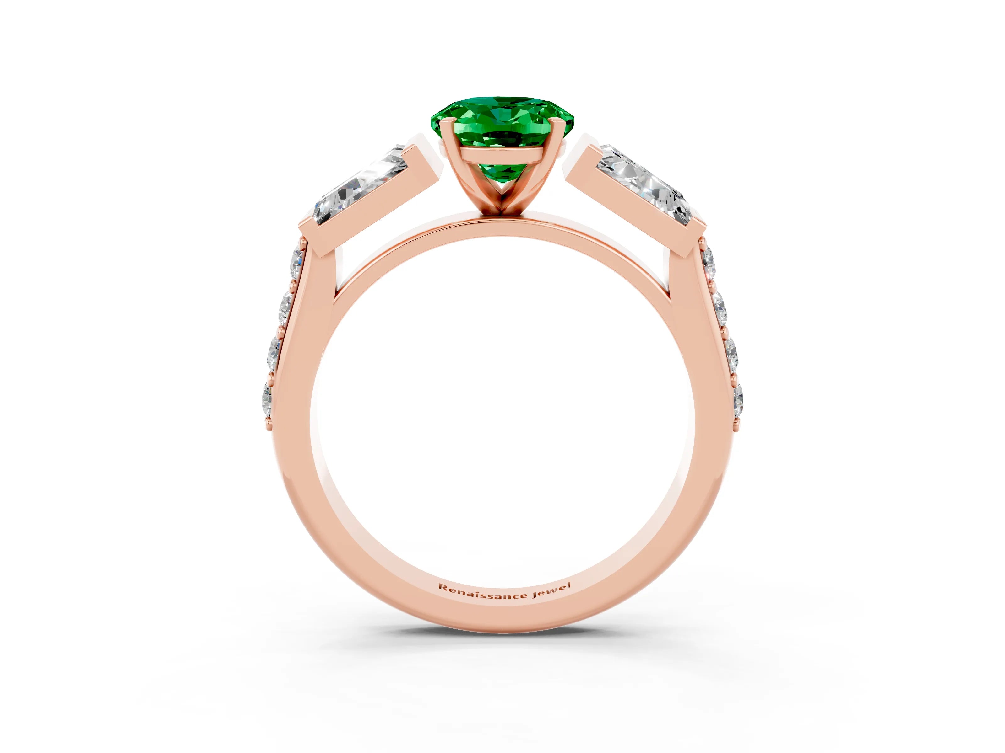 Rose gold Oval Cut Emerald Engagement Ring with Baguette Side Stones and Channel Set Band_3