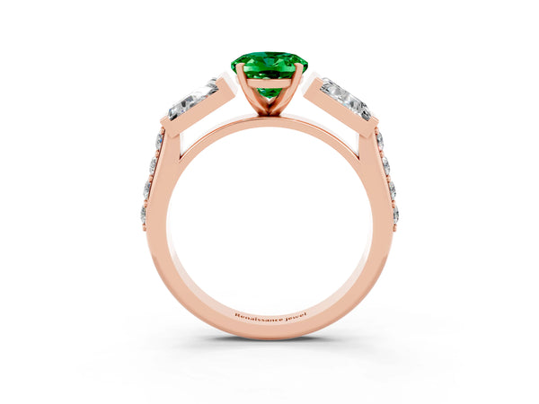 Rose gold Oval Cut Emerald Engagement Ring with Baguette Side Stones and Channel Set Band