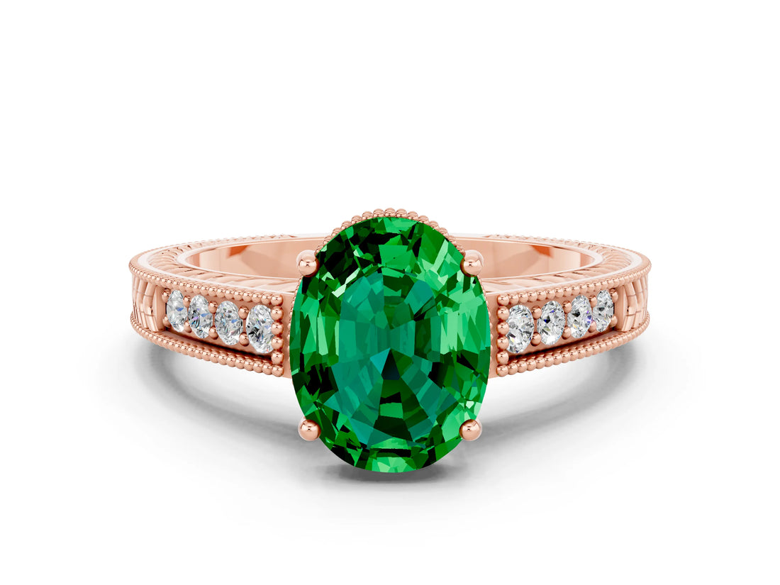 Rose gold Oval Cut Emerald Engagement Ring with Milgrain Channel Set Band and Prong Setting