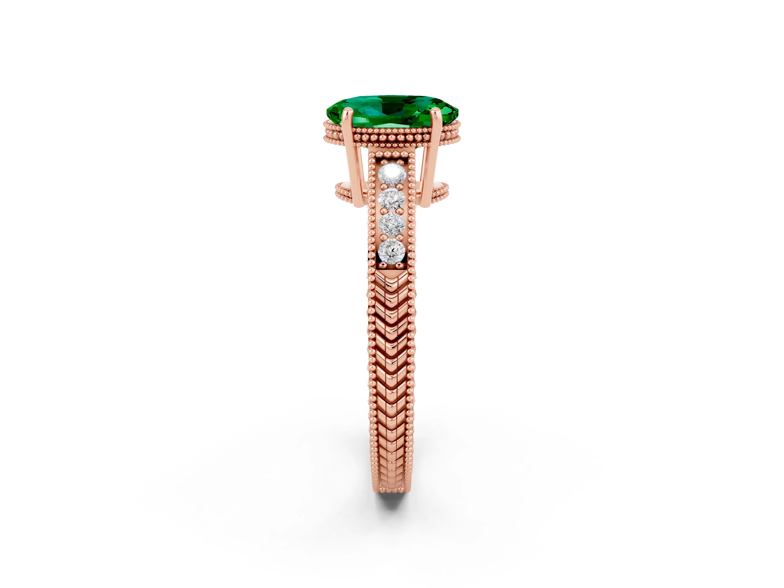 Rose gold Oval Cut Emerald Engagement Ring with Milgrain Channel Set Band and Prong Setting_2