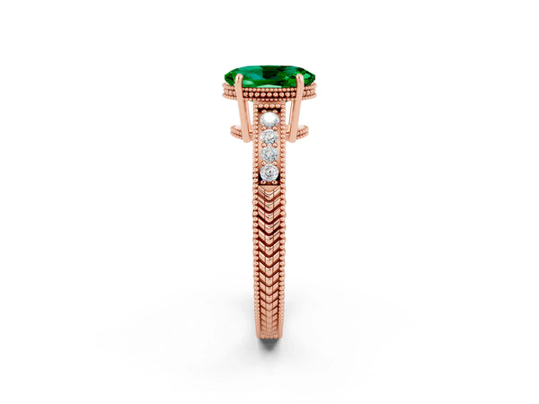 Rose gold Oval Cut Emerald Engagement Ring with Milgrain Channel Set Band and Prong Setting