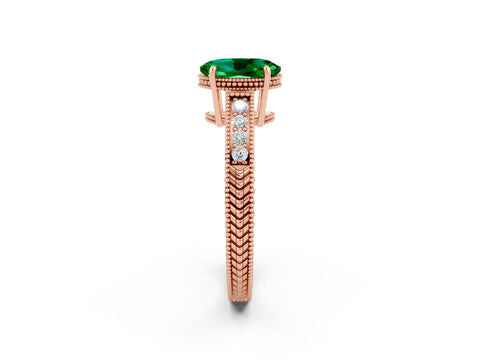 Rose gold Oval Cut Emerald Engagement Ring with Milgrain Channel Set Band and Prong Setting_2