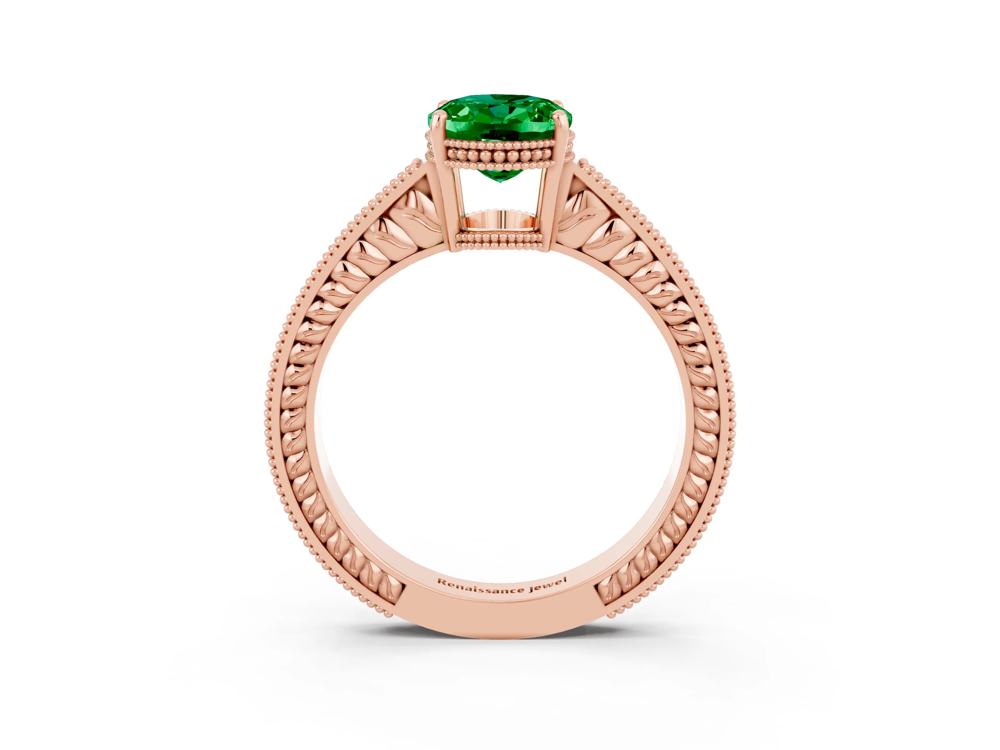 Rose gold Oval Cut Emerald Engagement Ring with Milgrain Channel Set Band and Prong Setting_3