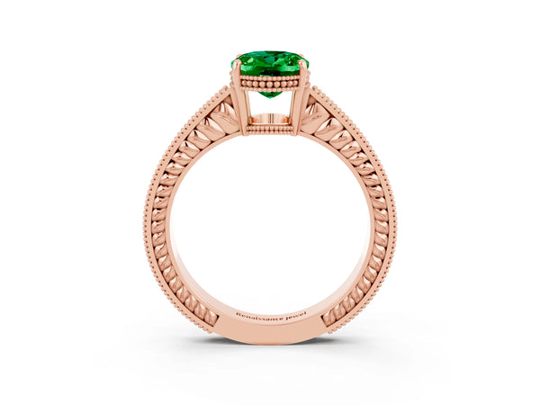 Rose gold Oval Cut Emerald Engagement Ring with Milgrain Channel Set Band and Prong Setting