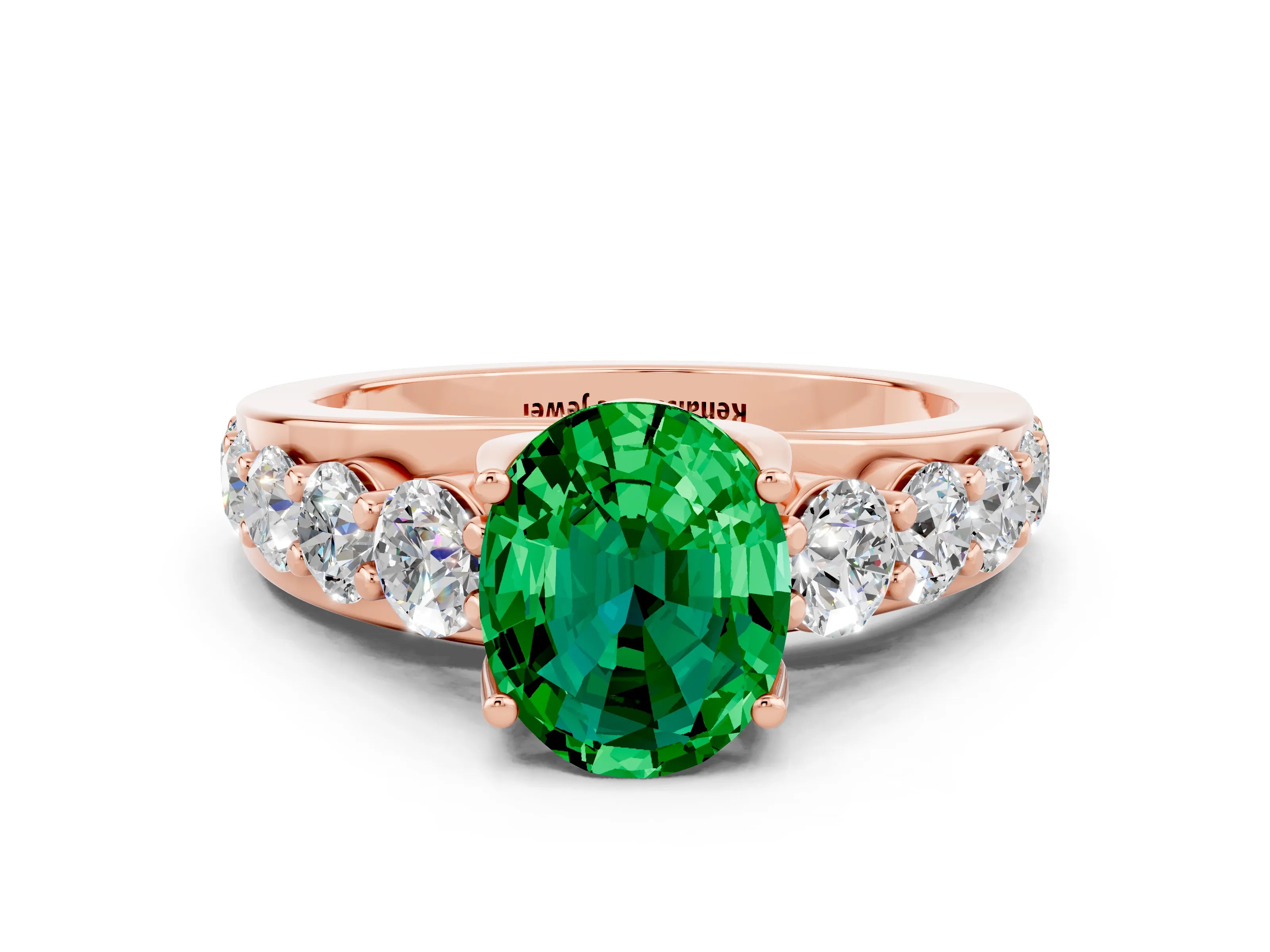 Rose gold Oval Cut Emerald Engagement Ring with Pavé Band and Four-Prong Setting