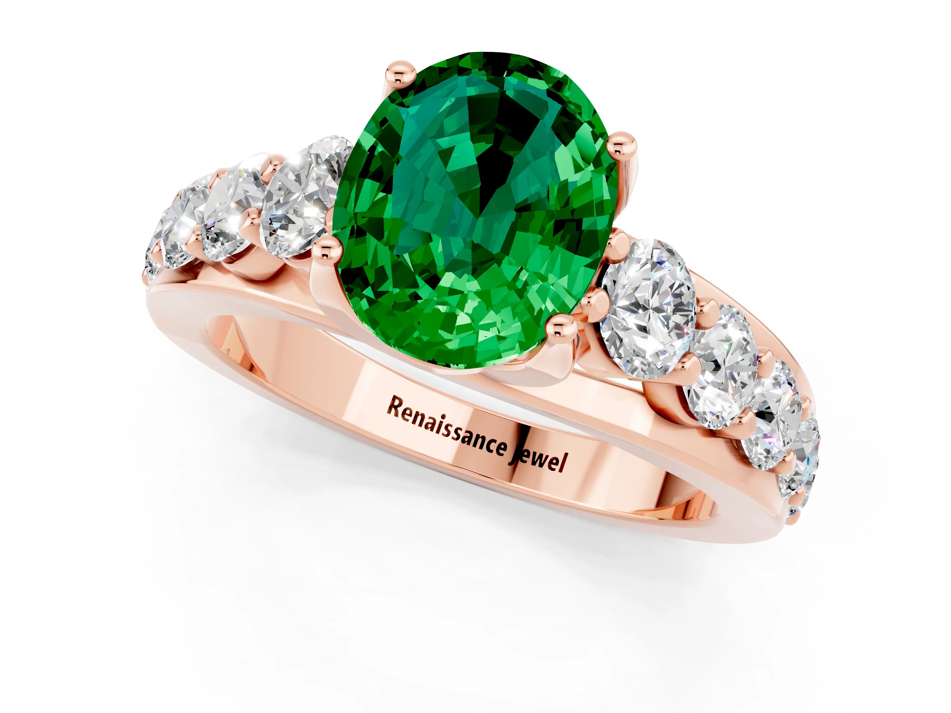 Rose gold Oval Cut Emerald Engagement Ring with Pavé Band and Four-Prong Setting_1
