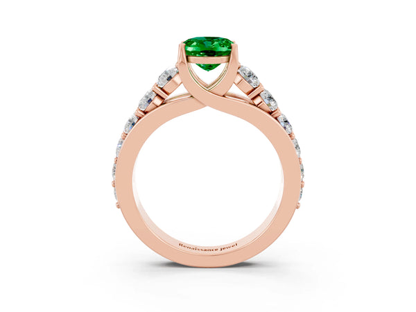 Rose gold Oval Cut Emerald Engagement Ring with Pavé Band and Four-Prong Setting