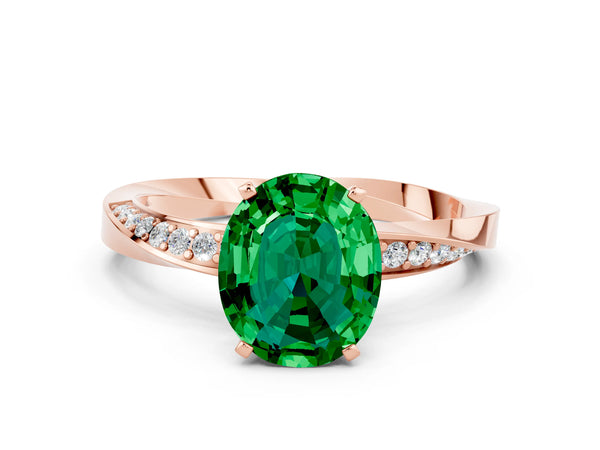 Rose gold Oval Cut Emerald Engagement Ring with Side Stone Accents and Four-Prong Setting