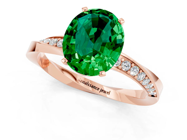 Rose gold Oval Cut Emerald Engagement Ring with Side Stone Accents and Four-Prong Setting
