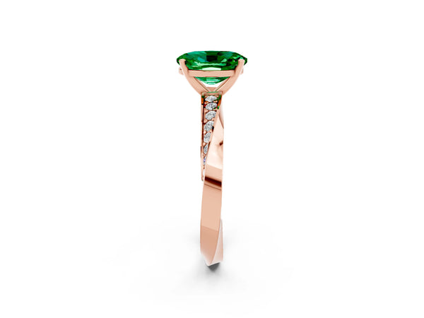 Rose gold Oval Cut Emerald Engagement Ring with Side Stone Accents and Four-Prong Setting