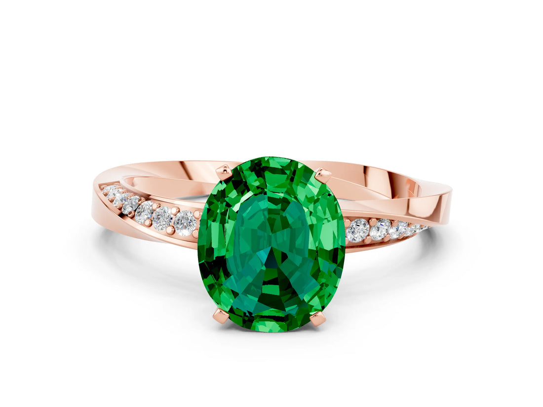 Rose gold Oval Cut Emerald Engagement Ring with Side Stone Accents and Four-Prong Setting_60