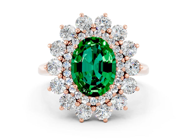 Rose gold Oval Cut Emerald Floral Double Halo Engagement Ring with Prong Setting