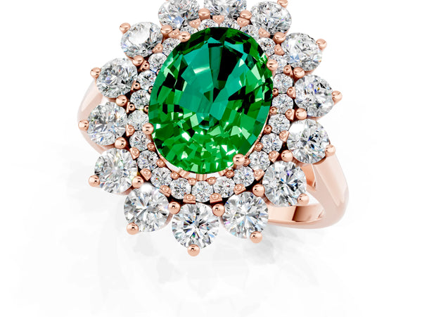 Rose gold Oval Cut Emerald Floral Double Halo Engagement Ring with Prong Setting