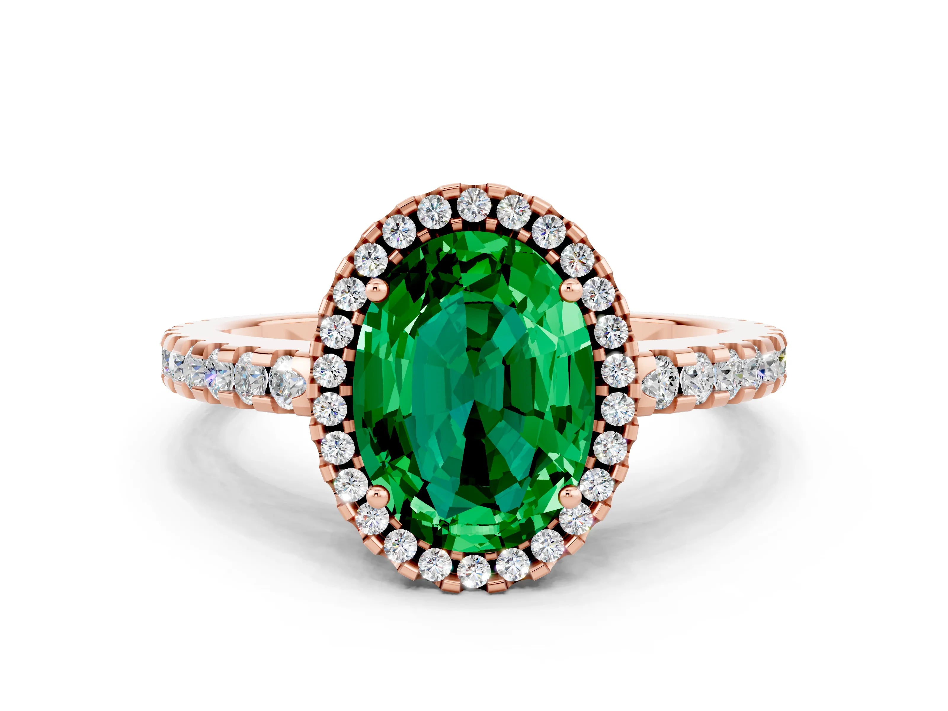 Rose gold Oval Cut Emerald Halo Engagement Ring with Pavé Band and Prong Setting_12
