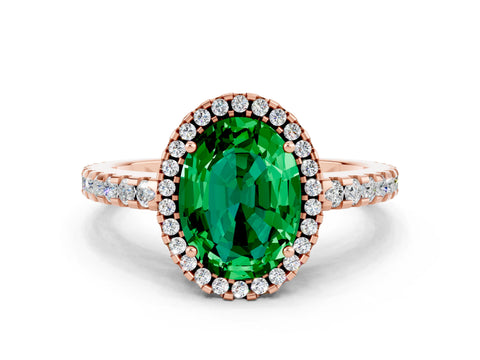 Rose gold Oval Cut Emerald Halo Engagement Ring with Pavé Band and Prong Setting_12