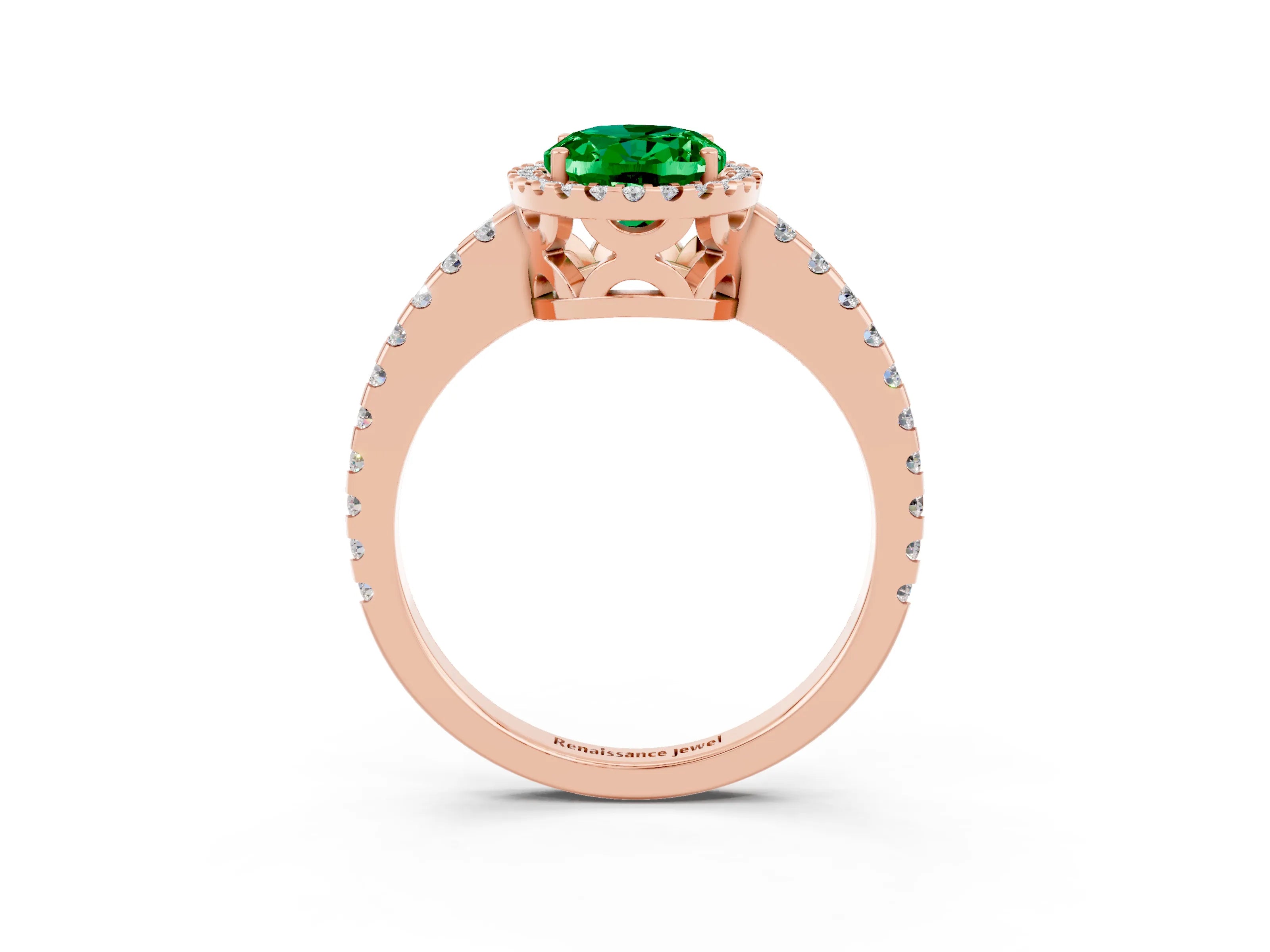 Rose gold Oval Cut Emerald Halo Engagement Ring with Pavé Band and Prong Setting_15