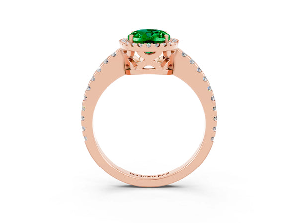 Rose gold Oval Cut Emerald Halo Engagement Ring with Pavé Band and Prong Setting