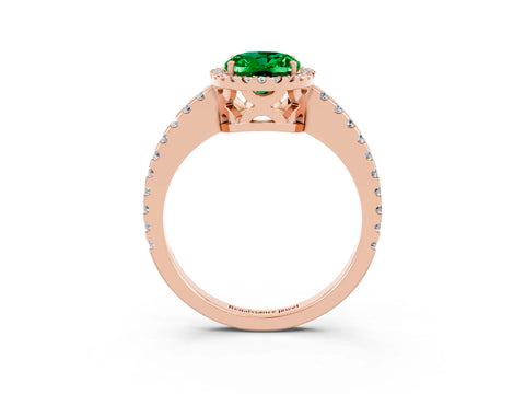 Rose gold Oval Cut Emerald Halo Engagement Ring with Pavé Band and Prong Setting_15