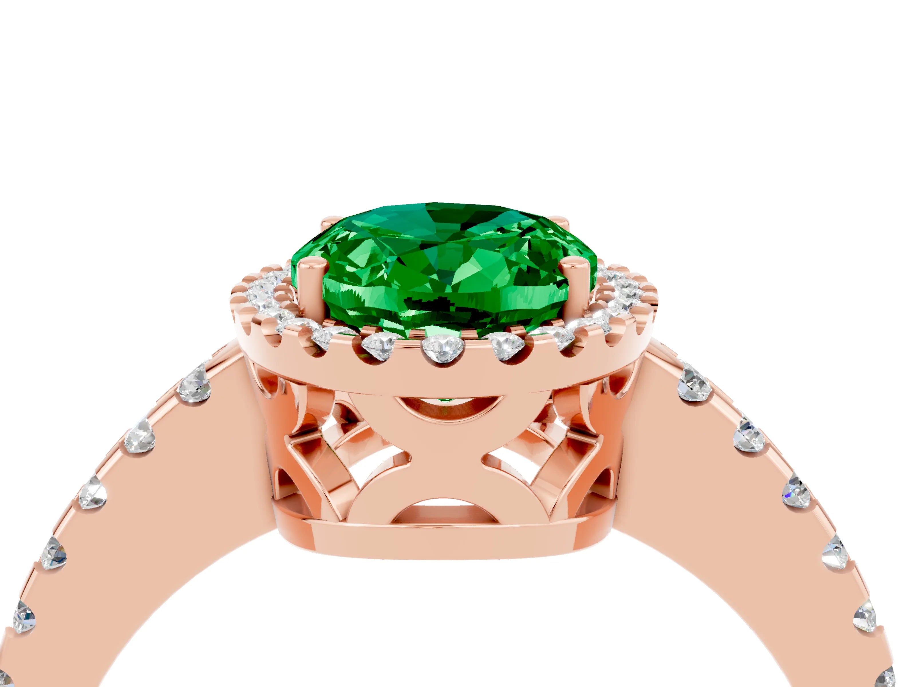 Rose gold Oval Cut Emerald Halo Engagement Ring with Pavé Band and Prong Setting_16