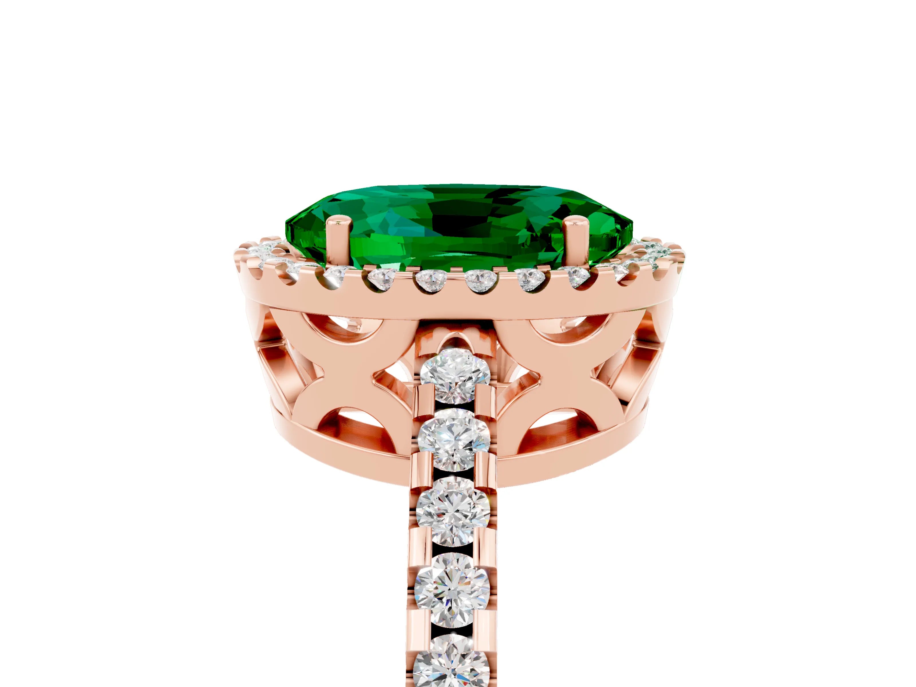 Rose gold Oval Cut Emerald Halo Engagement Ring with Pavé Band and Prong Setting_17