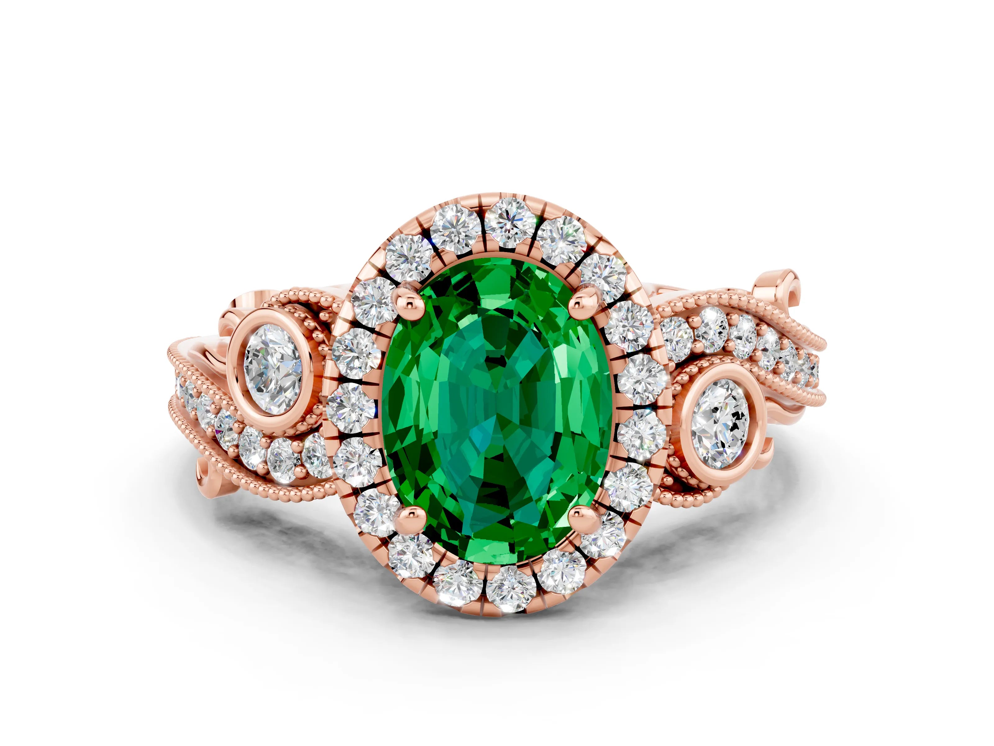 Rose gold Oval Cut Emerald Halo Ring with Milgrain Pavé Band and Four-Prong Setting_24