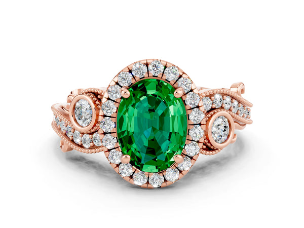 Rose gold Oval Cut Emerald Halo Ring with Milgrain Pavé Band and Four-Prong Setting