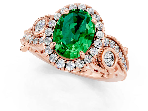 Rose gold Oval Cut Emerald Halo Ring with Milgrain Pavé Band and Four-Prong Setting