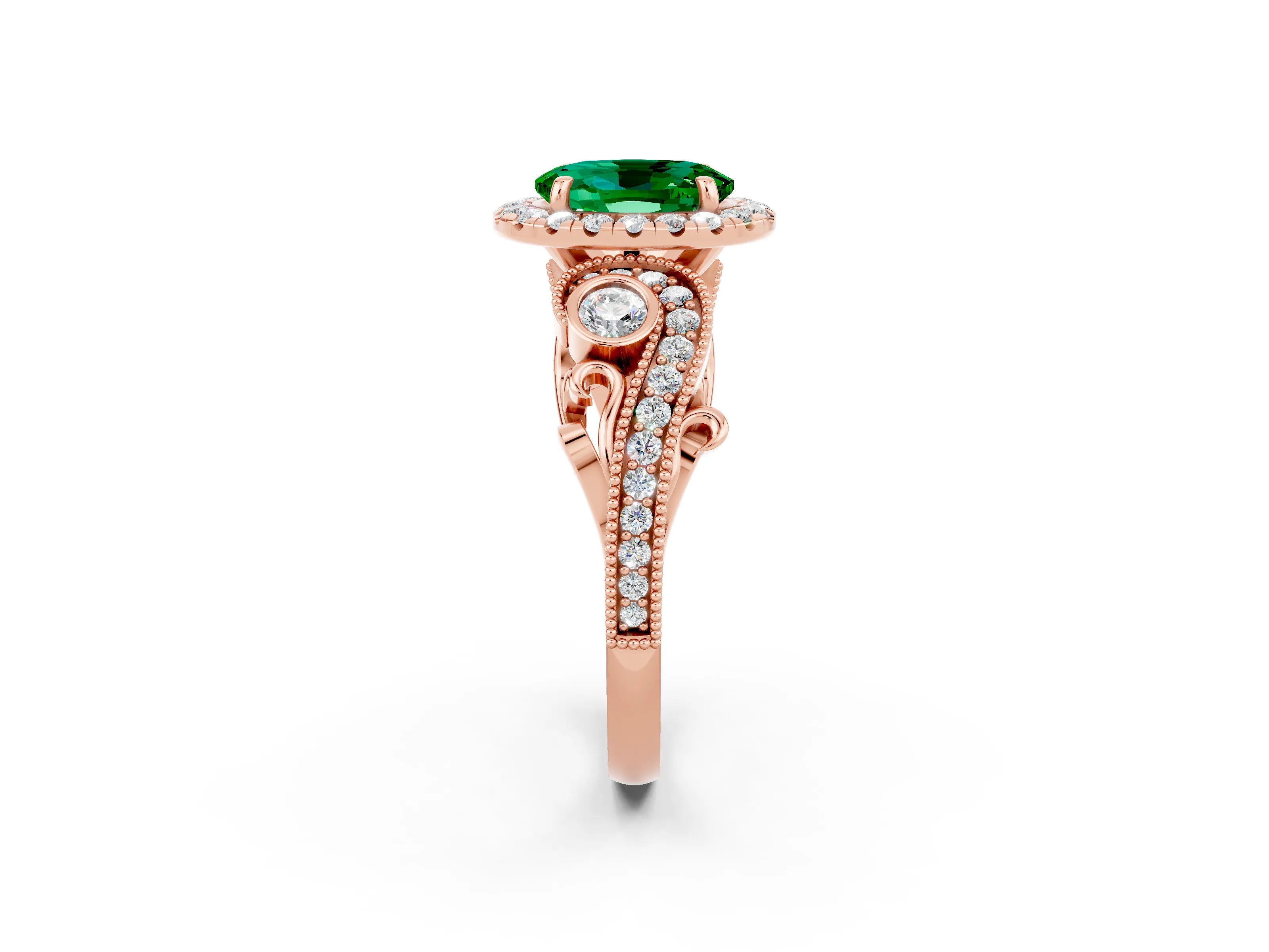 Rose gold Oval Cut Emerald Halo Ring with Milgrain Pavé Band and Four-Prong Setting_26