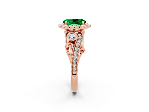 Rose gold Oval Cut Emerald Halo Ring with Milgrain Pavé Band and Four-Prong Setting