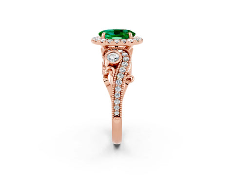 Rose gold Oval Cut Emerald Halo Ring with Milgrain Pavé Band and Four-Prong Setting_26