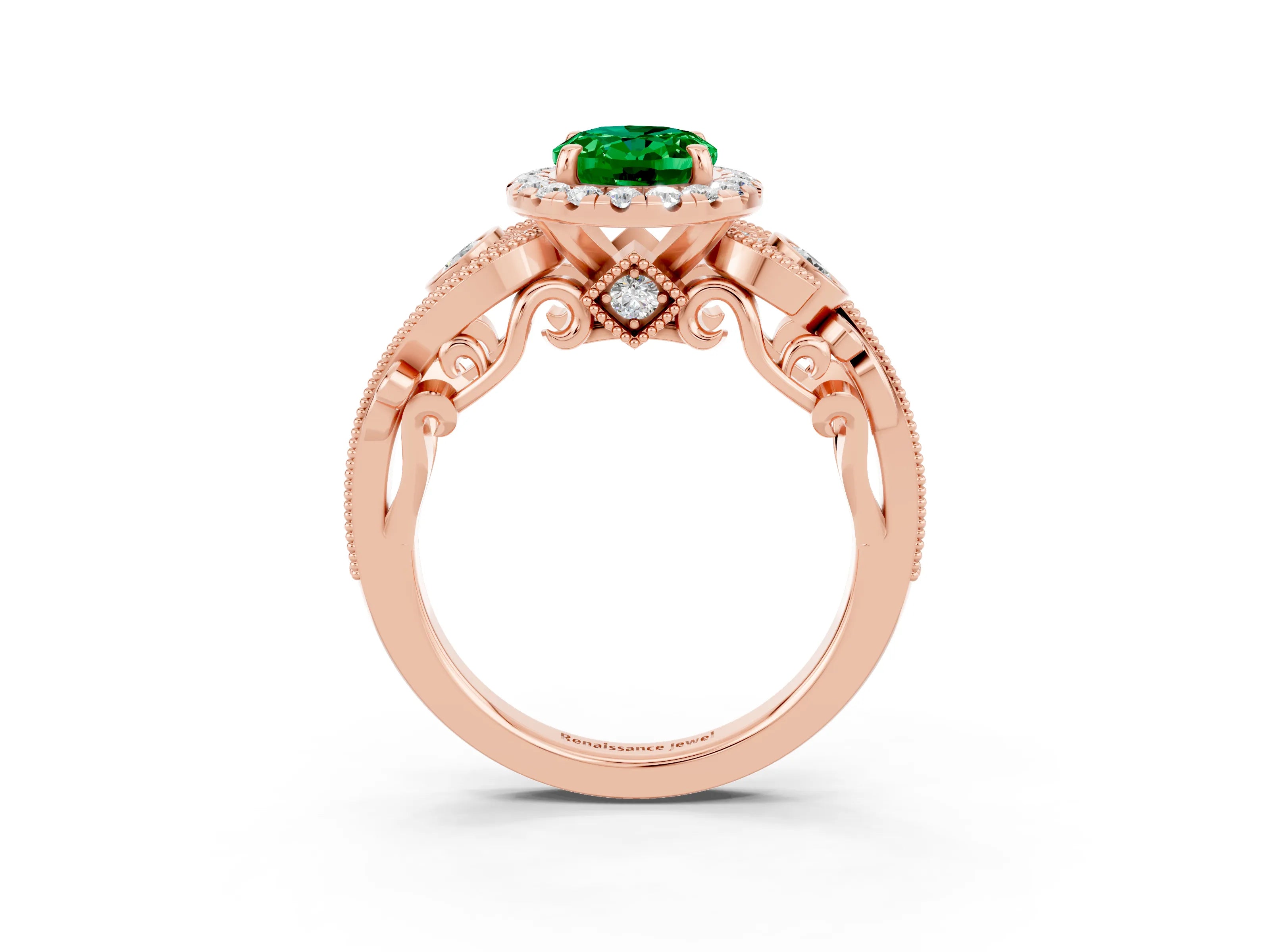 Rose gold Oval Cut Emerald Halo Ring with Milgrain Pavé Band and Four-Prong Setting_27