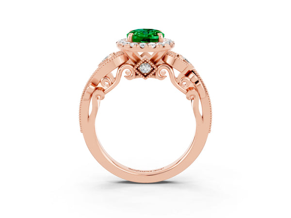 Rose gold Oval Cut Emerald Halo Ring with Milgrain Pavé Band and Four-Prong Setting