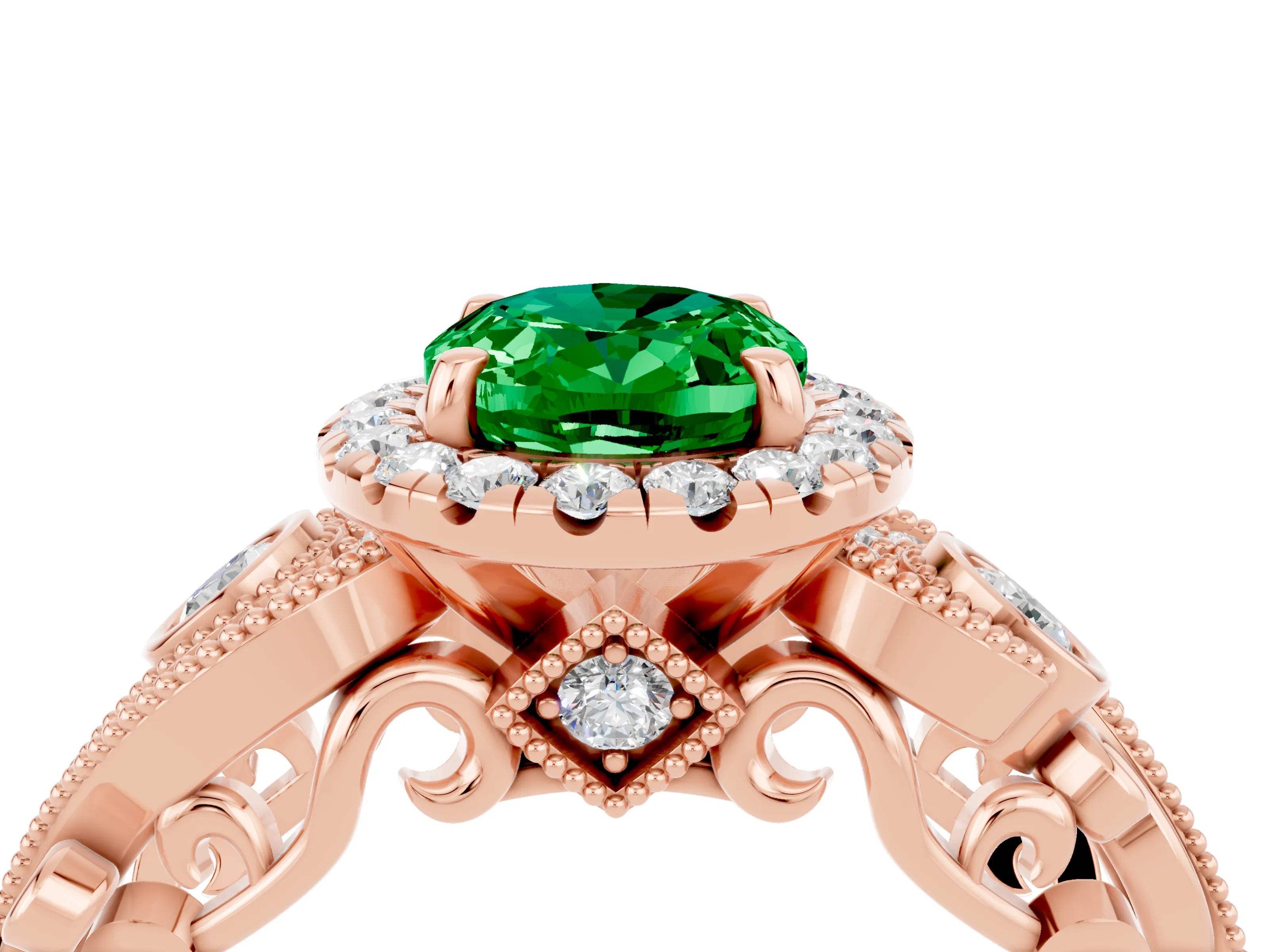 Rose gold Oval Cut Emerald Halo Ring with Milgrain Pavé Band and Four-Prong Setting_28