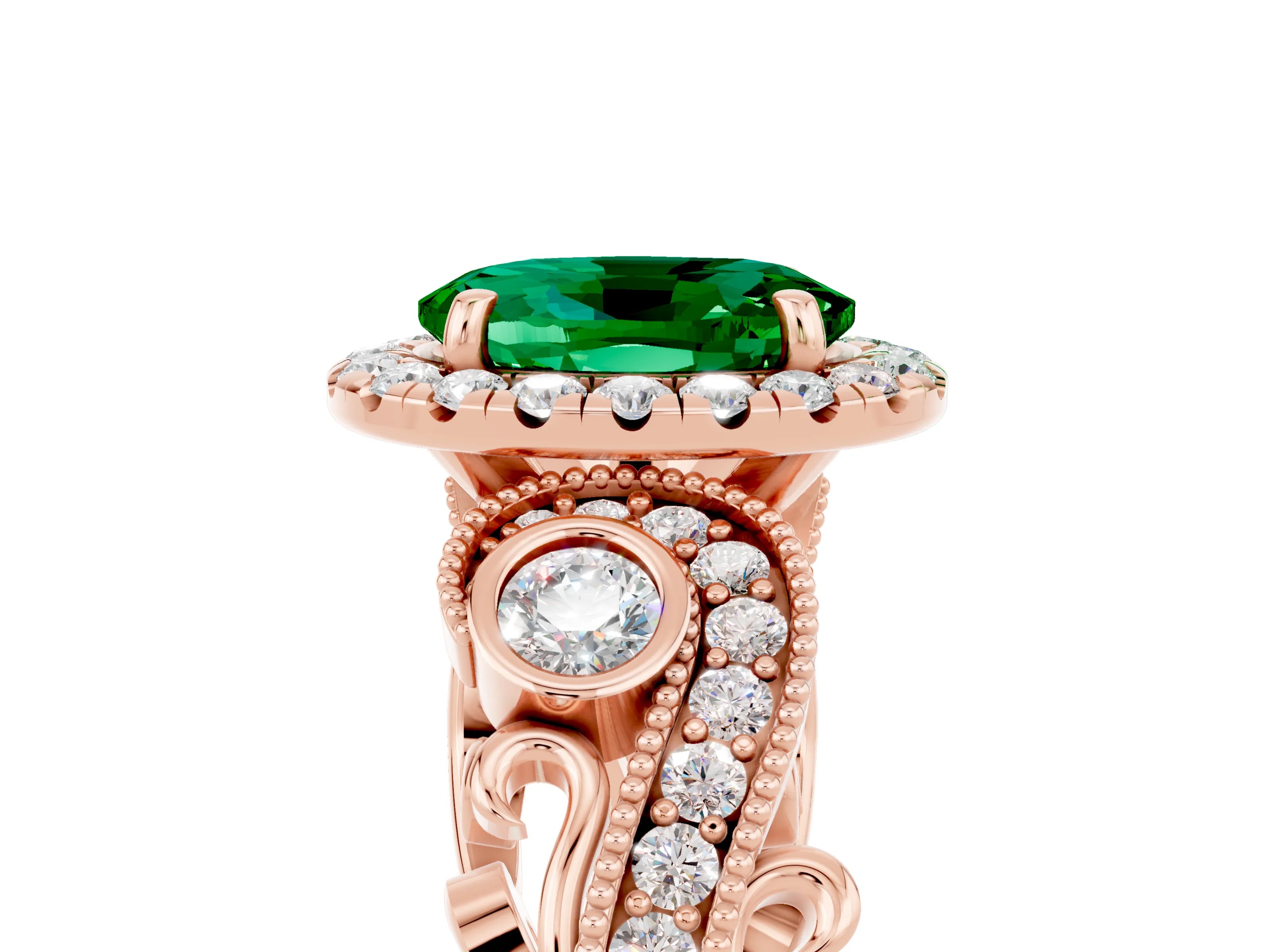 Rose gold Oval Cut Emerald Halo Ring with Milgrain Pavé Band and Four-Prong Setting_29