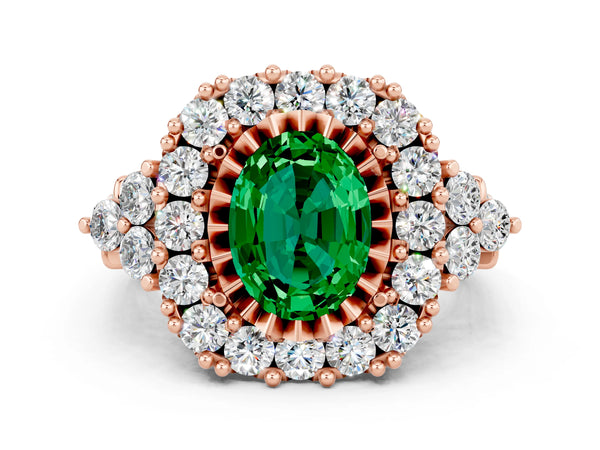 Rose gold Oval Cut Emerald Halo Ring with Pavé Band and Four-Prong Setting