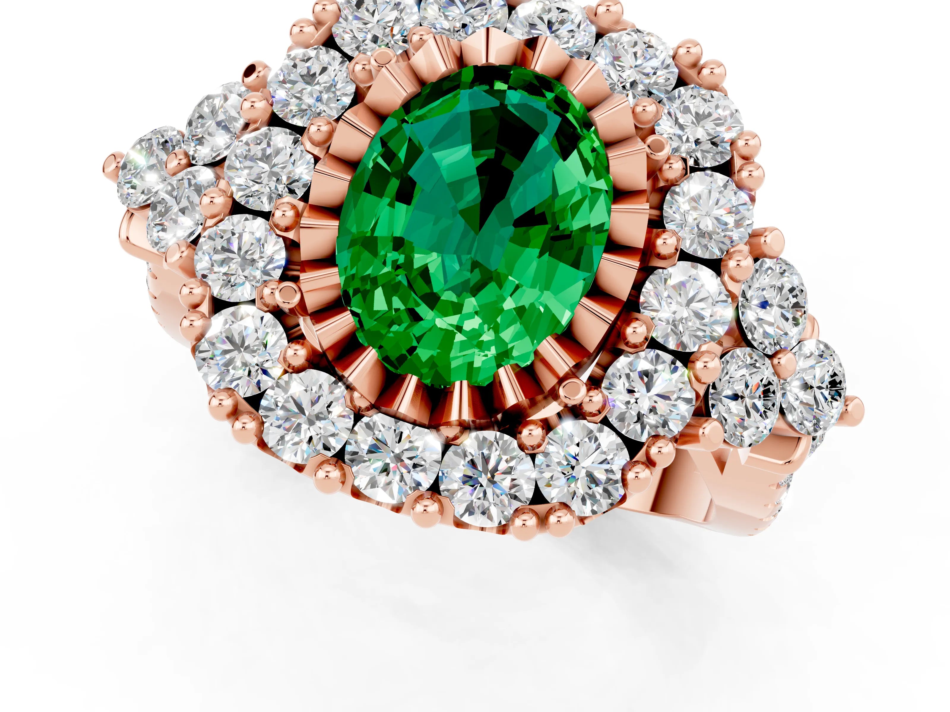 Rose gold Oval Cut Emerald Halo Ring with Pavé Band and Four-Prong Setting_13