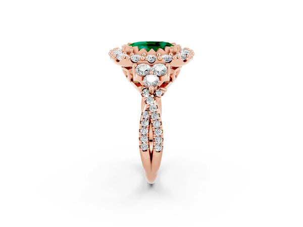 Rose gold Oval Cut Emerald Halo Ring with Pavé Band and Four-Prong Setting