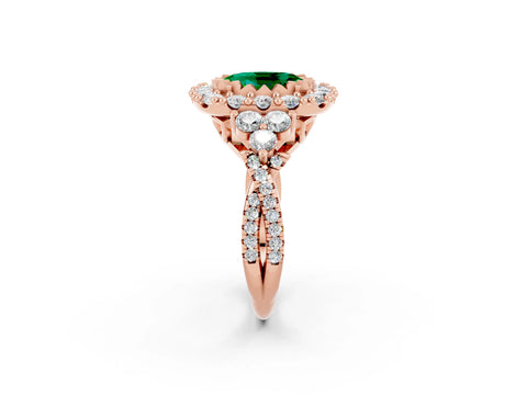 Rose gold Oval Cut Emerald Halo Ring with Pavé Band and Four-Prong Setting_14