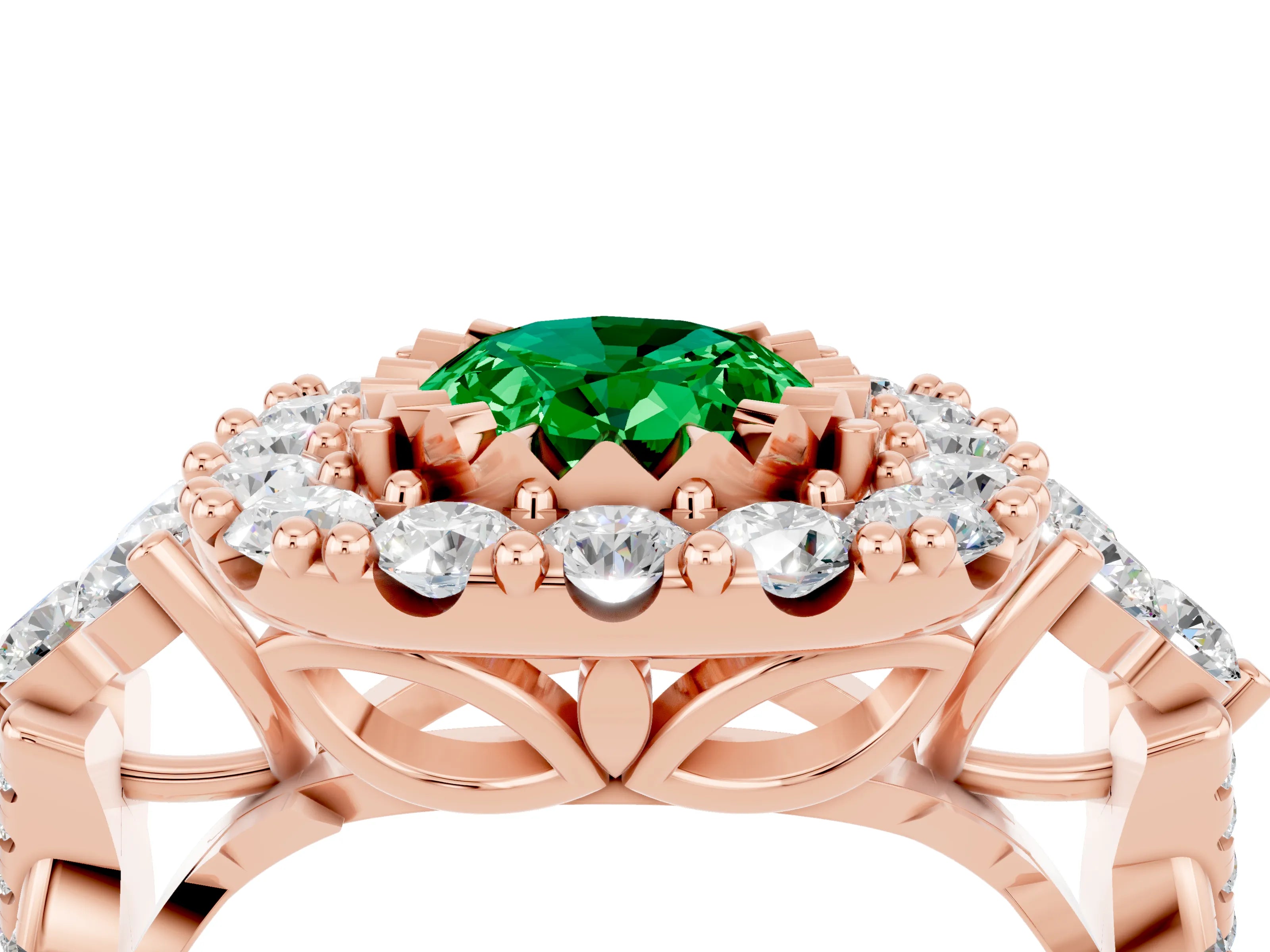 Rose gold Oval Cut Emerald Halo Ring with Pavé Band and Four-Prong Setting_16