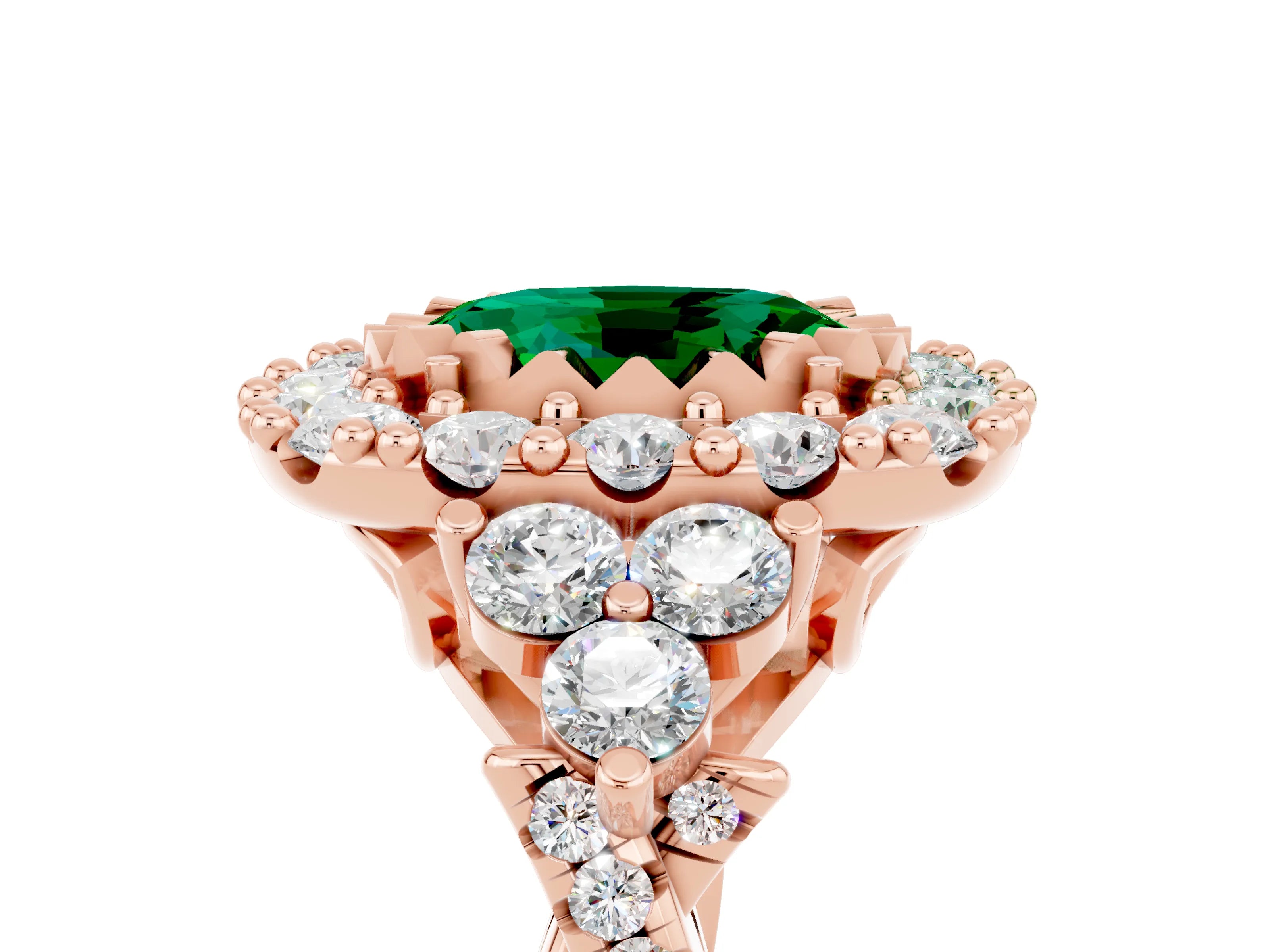 Rose gold Oval Cut Emerald Halo Ring with Pavé Band and Four-Prong Setting_17