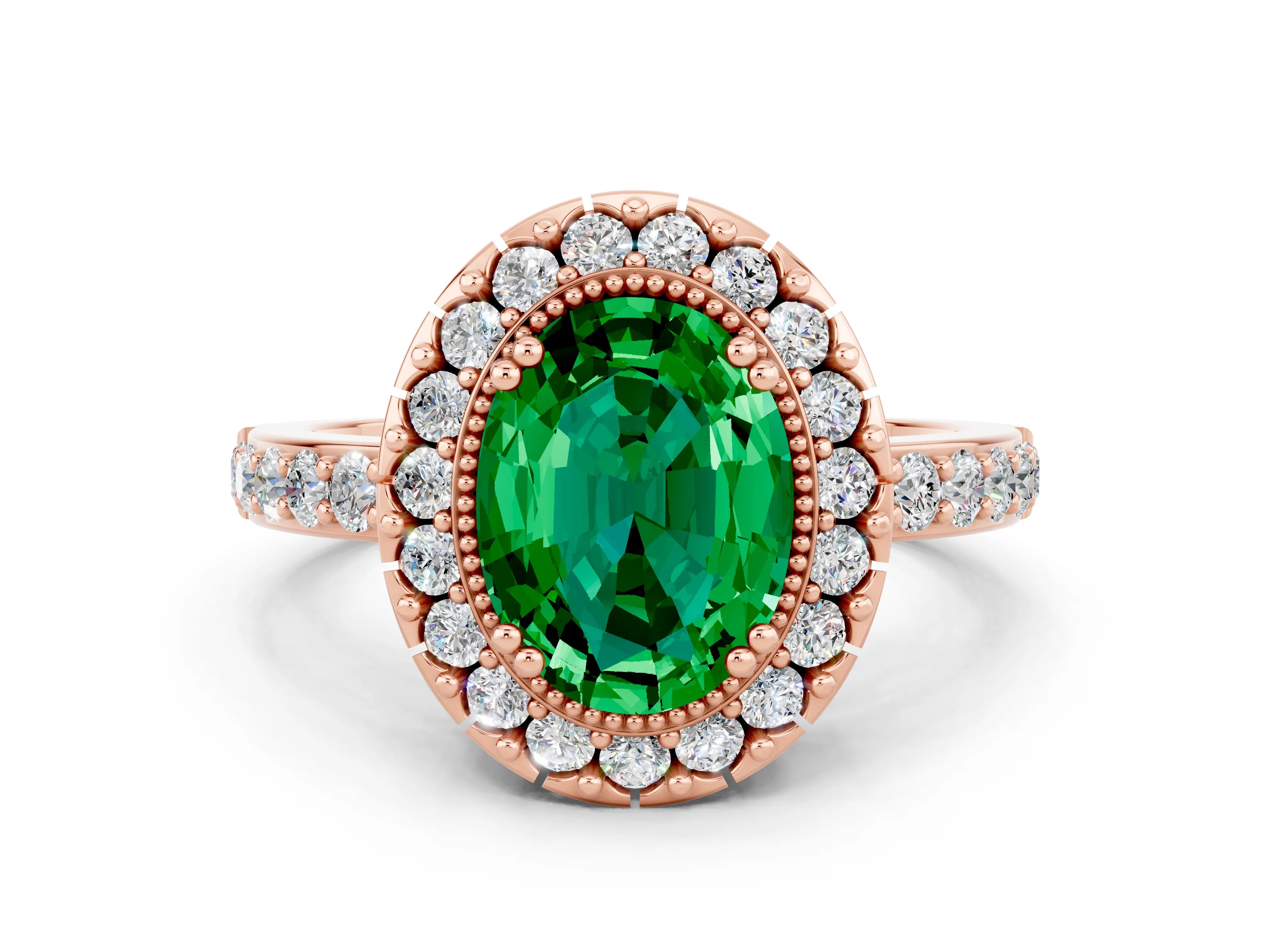 Rose gold Oval Cut Emerald Halo Ring with Pavé Band and Prong Setting