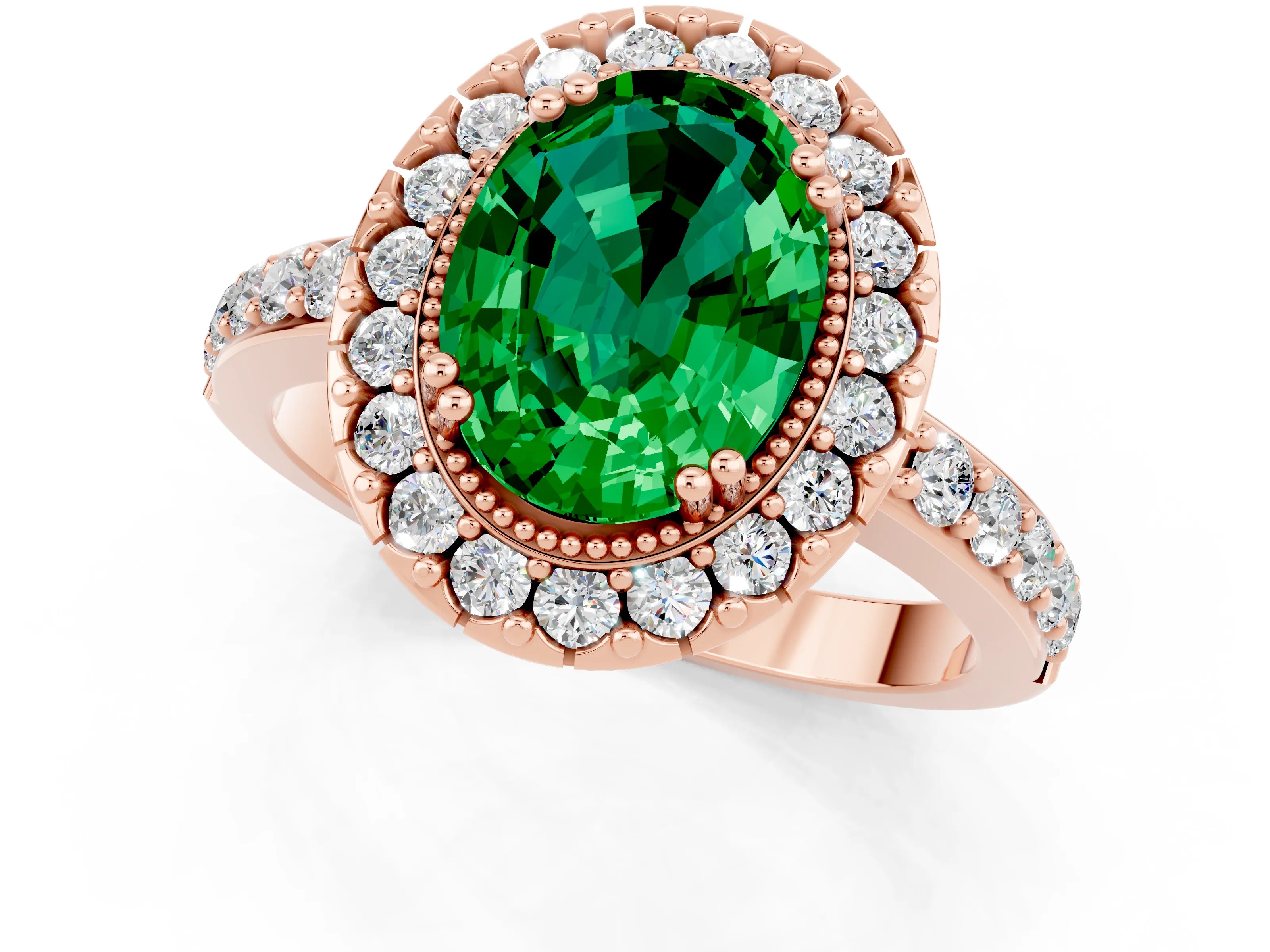 Rose gold Oval Cut Emerald Halo Ring with Pavé Band and Prong Setting_1
