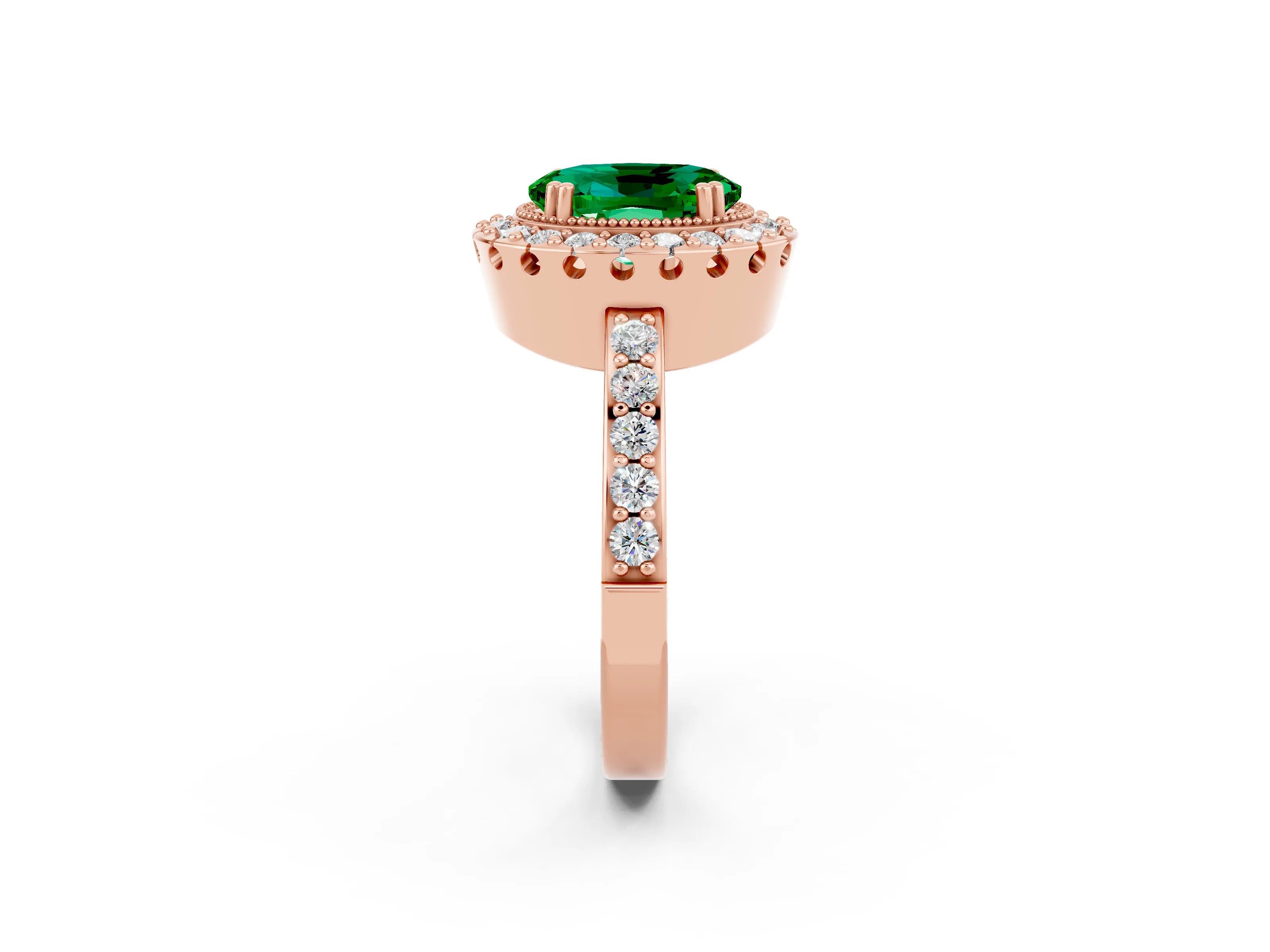 Rose gold Oval Cut Emerald Halo Ring with Pavé Band and Prong Setting_2