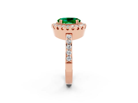Rose gold Oval Cut Emerald Halo Ring with Pavé Band and Prong Setting_2