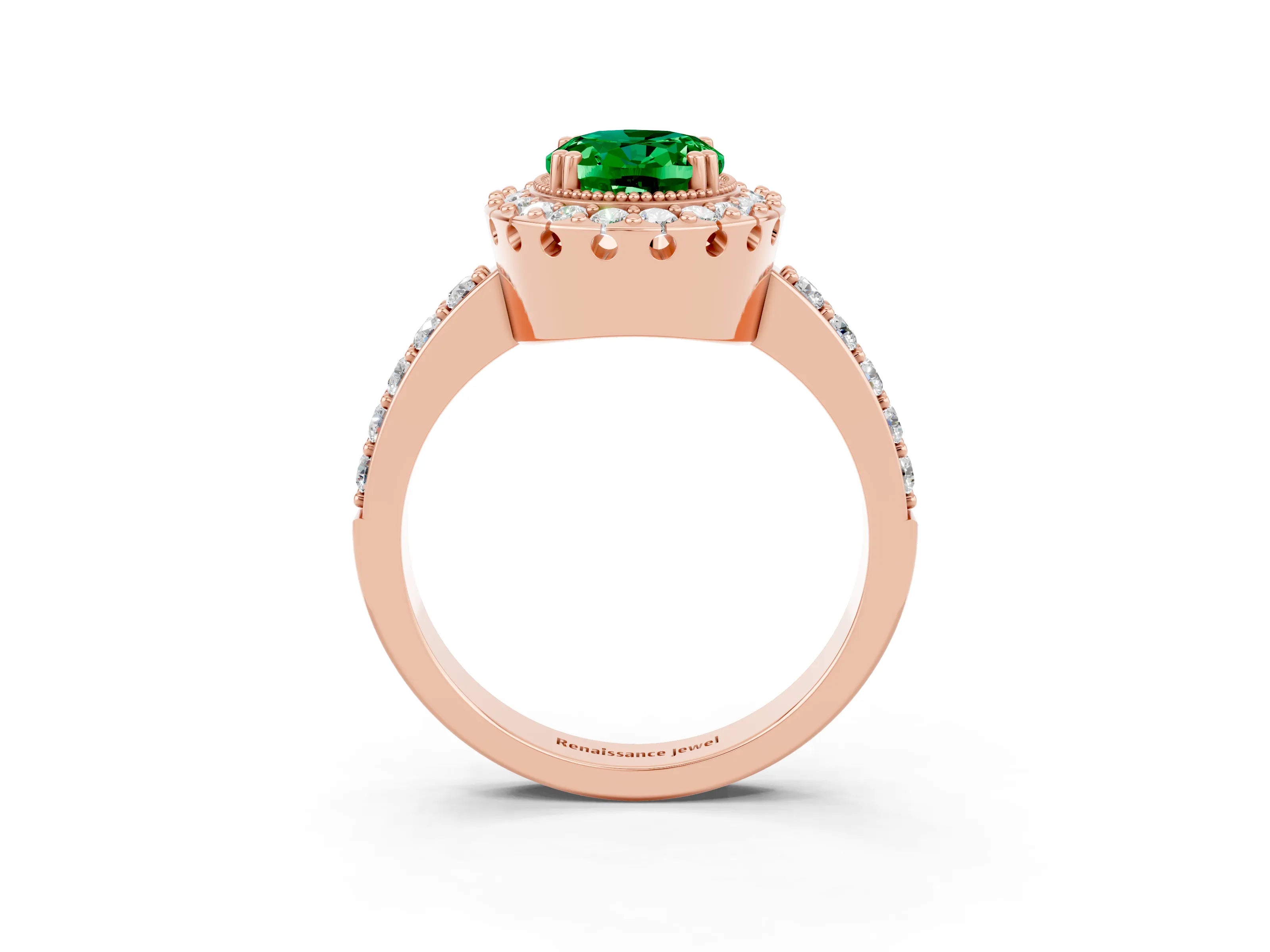 Rose gold Oval Cut Emerald Halo Ring with Pavé Band and Prong Setting_3