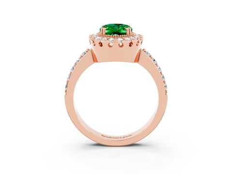 Rose gold Oval Cut Emerald Halo Ring with Pavé Band and Prong Setting_3