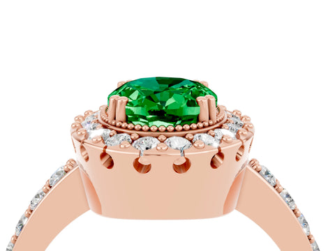 Rose gold Oval Cut Emerald Halo Ring with Pavé Band and Prong Setting_4