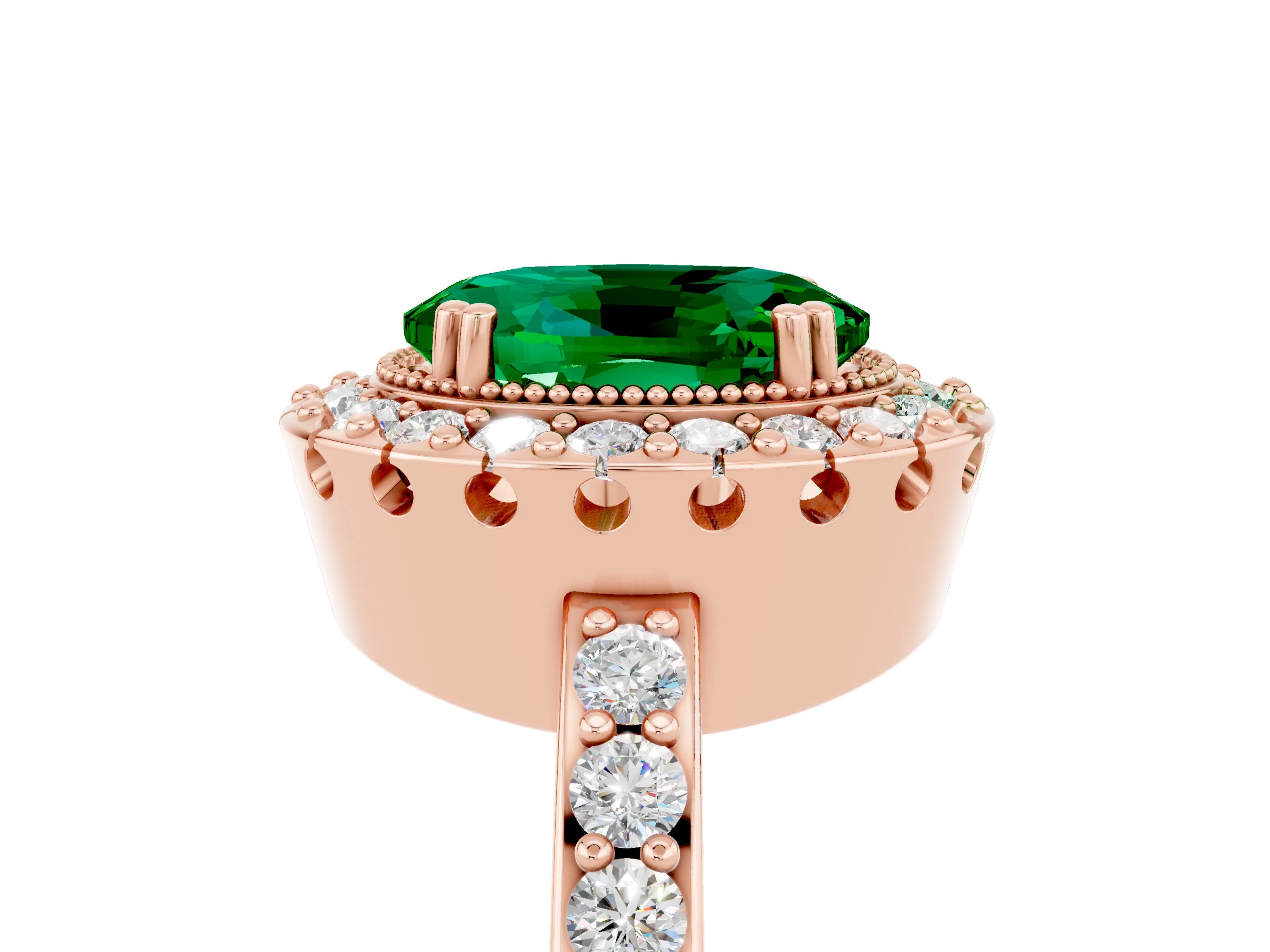 Rose gold Oval Cut Emerald Halo Ring with Pavé Band and Prong Setting_5